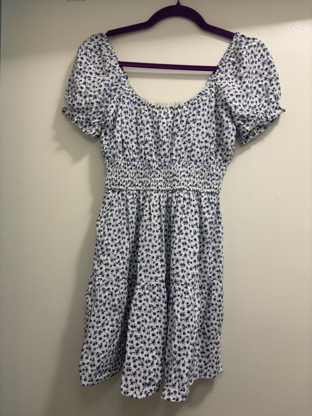 Hollister White Midi Dress with Blue Floral Print